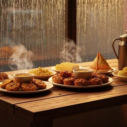 19 Must-Try Monsoon Recipes for Perfect Rainy Evenings 39 Assorted monsoon snacks by window