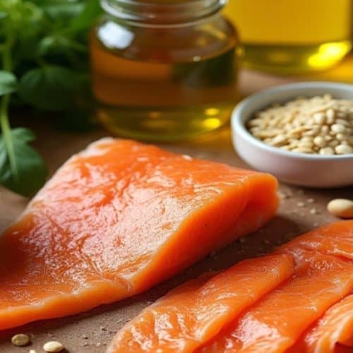 Fresh ingredients rich in healthy fats on a wooden board