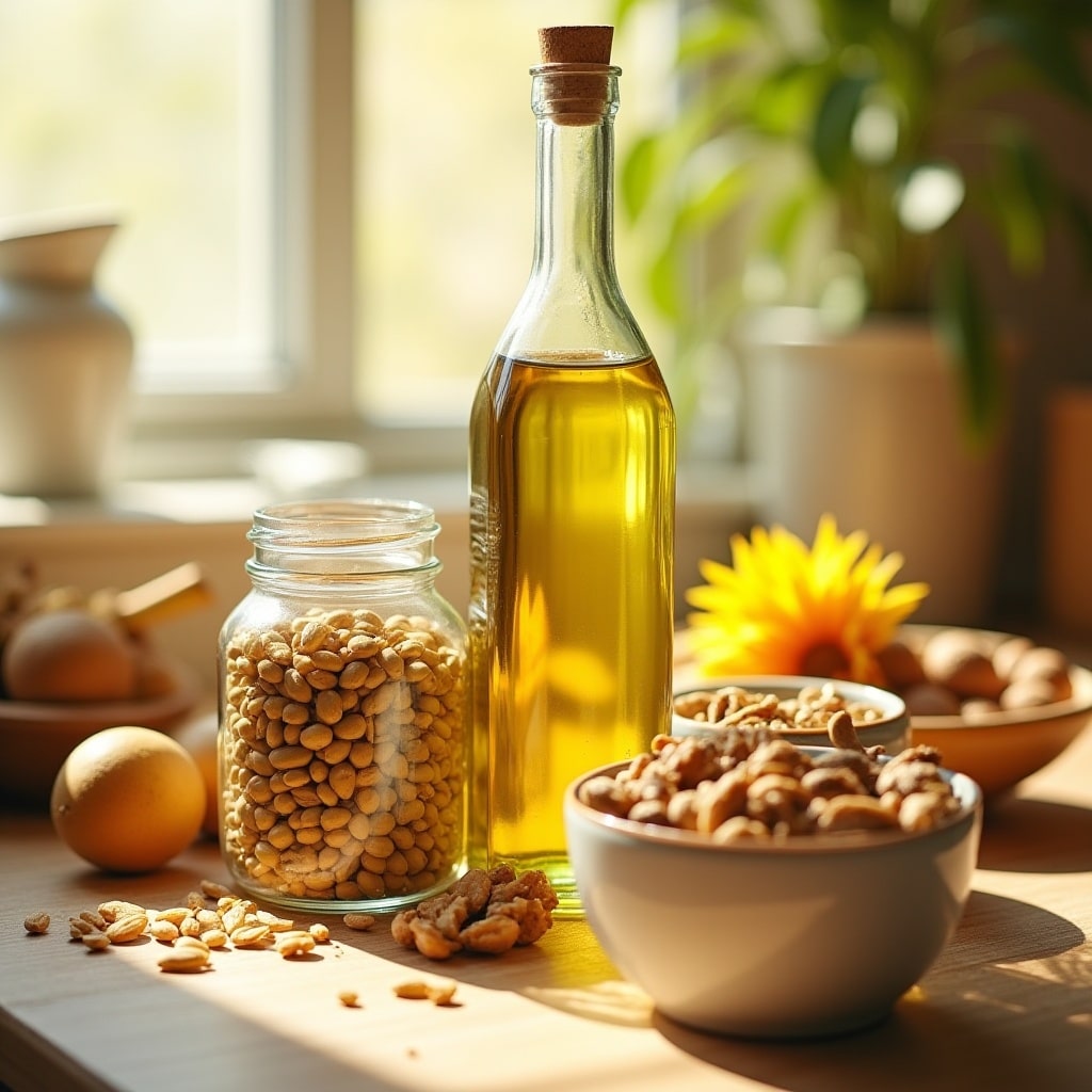 Image highlighting monounsaturated fats like olive and peanut oil and polyunsaturated fats like sunflower oil flaxseeds and walnuts 
