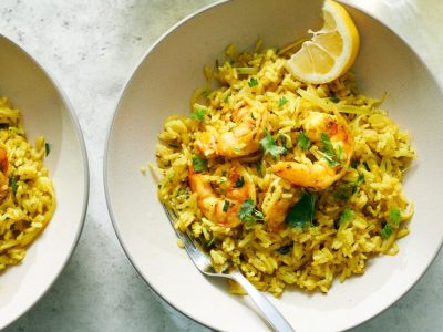 Prawn Pulao with Brinjals