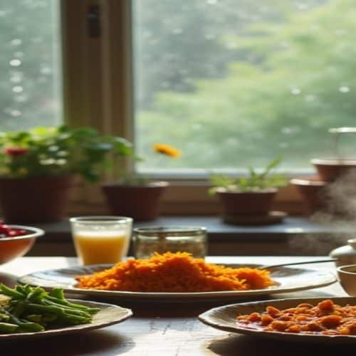What Should You Eat and Avoid in Your Monsoon Diet? 58 A cozy kitchen table after a light drizzle A colorful spread of monsoon friendly foods on the table Soft natural