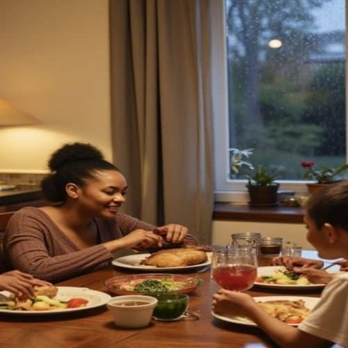 A family enjoying a freshly cooked meal indoors while it rains outside