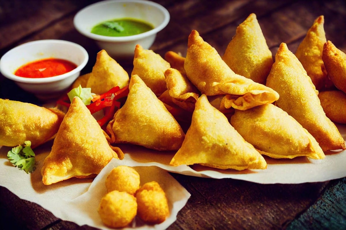 Plate of golden crispy samosas served with red and green chutneys on a wooden table