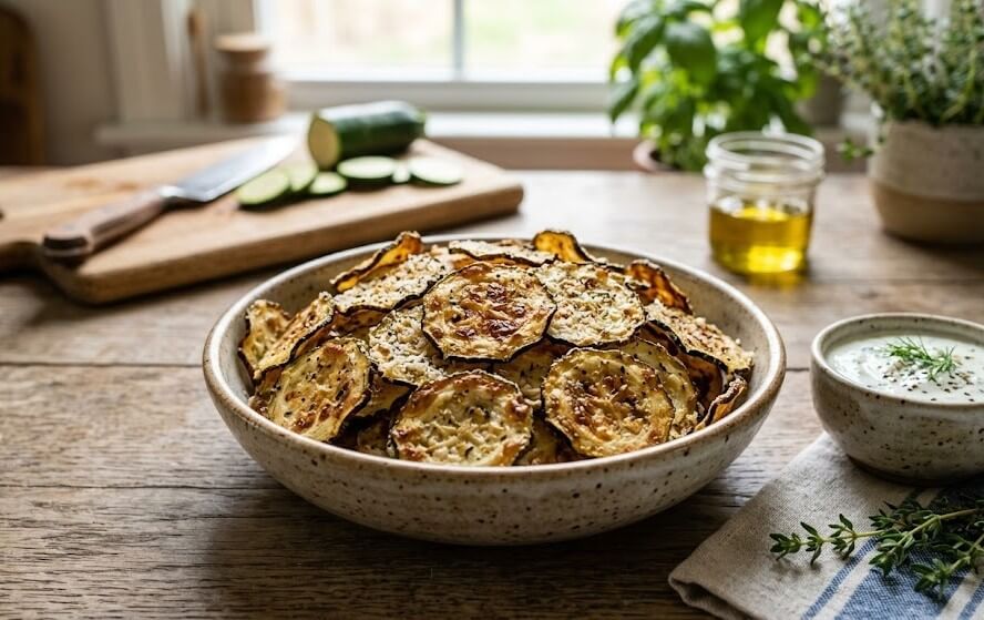 What Are Healthy Alternative to Potato Chips? 12 Baked zucchini chips in a bowl with herbs and dipping sauce on a wooden table