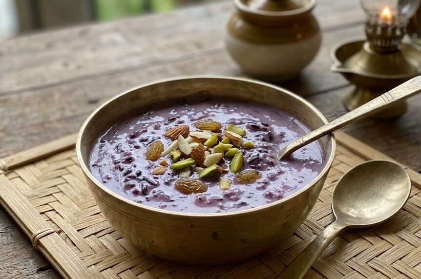 What are the Best Manipuri Cuisine Dishes to Try? 6 Chak Hao kheer black rice dessert garnished with nuts in Manipuri cuisine