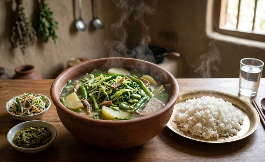 What are the Best Manipuri Cuisine Dishes to Try? 1 Chamthong Kangshoi vegetable stew served with rice in traditional Manipuri style