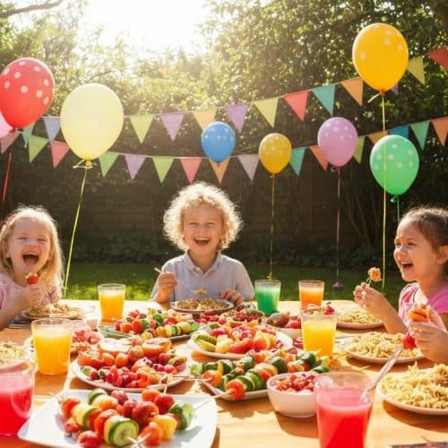 Children celebrating with healthy food