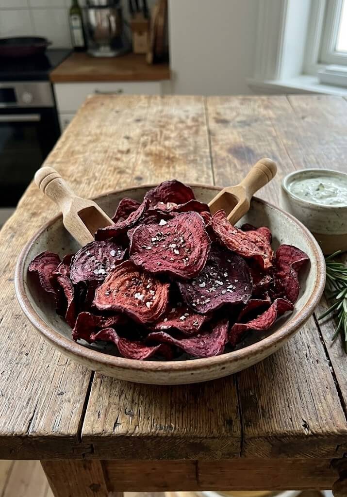 What Are Healthy Alternative to Potato Chips? 6 Crispy baked beetroot chips served in a bowl with seasoning on top