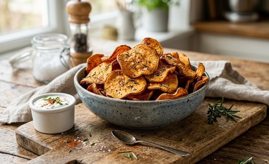 What Are Healthy Alternative to Potato Chips? 1 Crispy baked sweet potato chips served in a bowl with seasoning and dip
