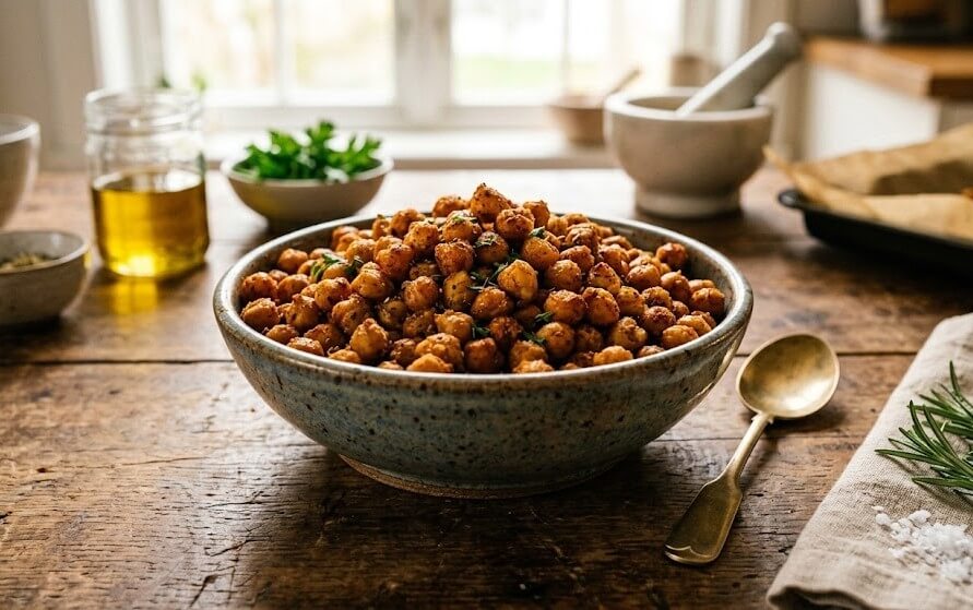 What Are Healthy Alternative to Potato Chips? 2 Crispy roasted chickpeas in a bowl seasoned with spices on a wooden table