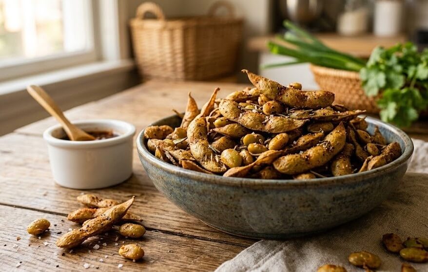 What Are Healthy Alternative to Potato Chips? 7 Crunchy roasted edamame snacks in a bowl seasoned with spices on a wooden table