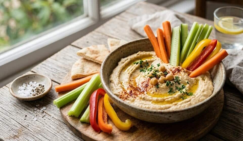 What Are Healthy Alternative to Potato Chips? 9 Fresh veggie sticks with hummus dip including carrots cucumber celery and bell peppers