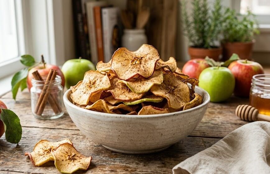 What Are Healthy Alternative to Potato Chips? 8 Homemade apple chips in a bowl with cinnamon and fresh apples in the background