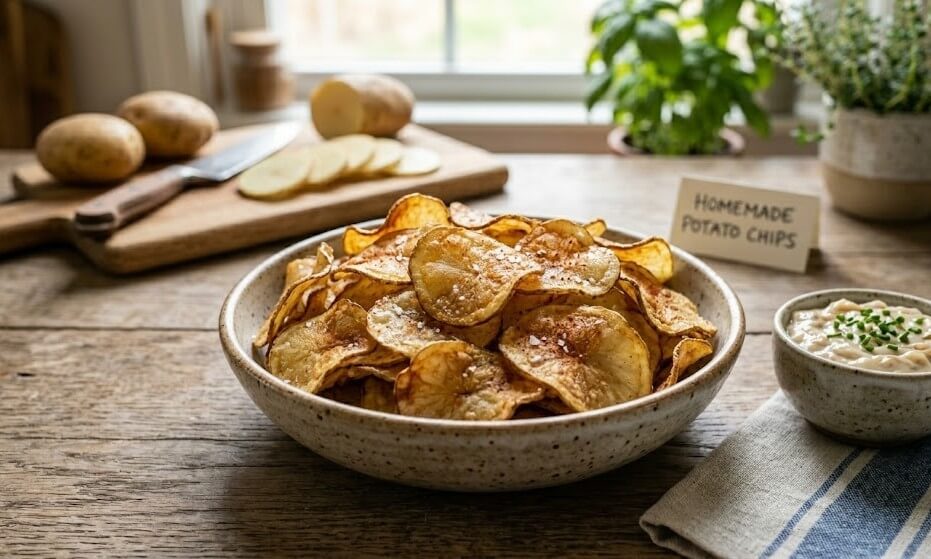What Are Healthy Alternative to Potato Chips? 13 Homemade potato chips in a bowl with sliced potatoes and dip on a wooden table