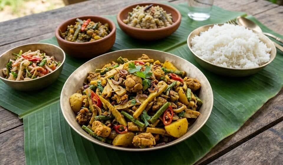 What are the Best Manipuri Cuisine Dishes to Try? 11 Kanghou stir fried vegetables and meat served with rice in traditional Manipuri cuisine
