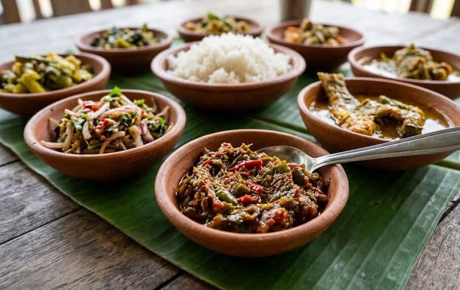 What are the Best Manipuri Cuisine Dishes to Try? 4 Morok Metpa spicy chutney served with rice and traditional Manipuri side dishes