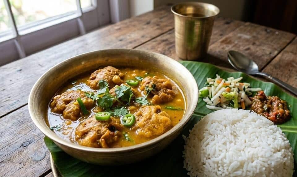 What are the Best Manipuri Cuisine Dishes to Try? 15 Pakoura Thongba gram flour dumpling curry served with rice in Manipuri cuisine