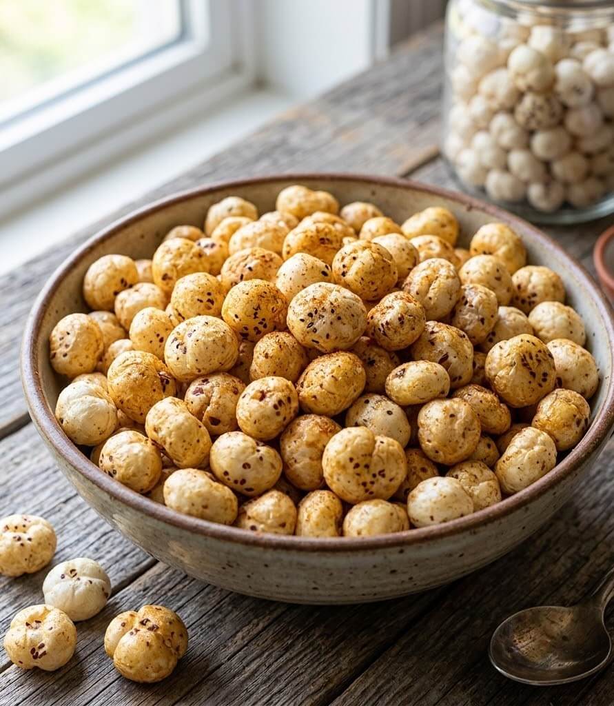 What Are Healthy Alternative to Potato Chips? 5 Roasted lotus seeds makhana in a bowl seasoned as a healthy crunchy snack