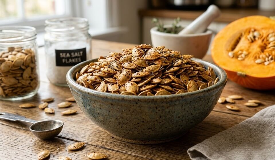 What Are Healthy Alternative to Potato Chips? 11 Roasted pumpkin seeds in a bowl with sea salt flakes and fresh pumpkin on wooden table