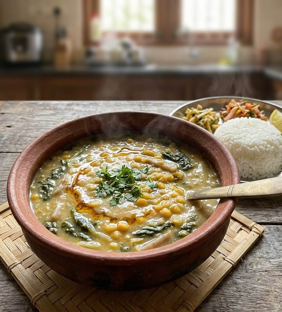 What are the Best Manipuri Cuisine Dishes to Try? 14 Uti Thongba lentil curry served with rice in traditional Manipuri cuisine