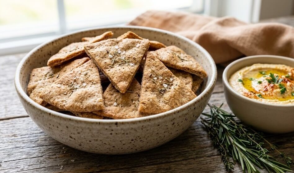 What Are Healthy Alternative to Potato Chips? 10 Whole wheat pita chips served in a bowl with hummus dip on the side