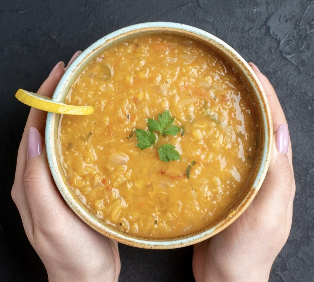 Lentil and vegetable soup in a bowl