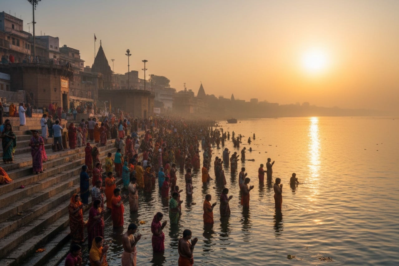 What Is Makar Sankranti? Meaning, Date & Significance 1 People taking holy dips in river