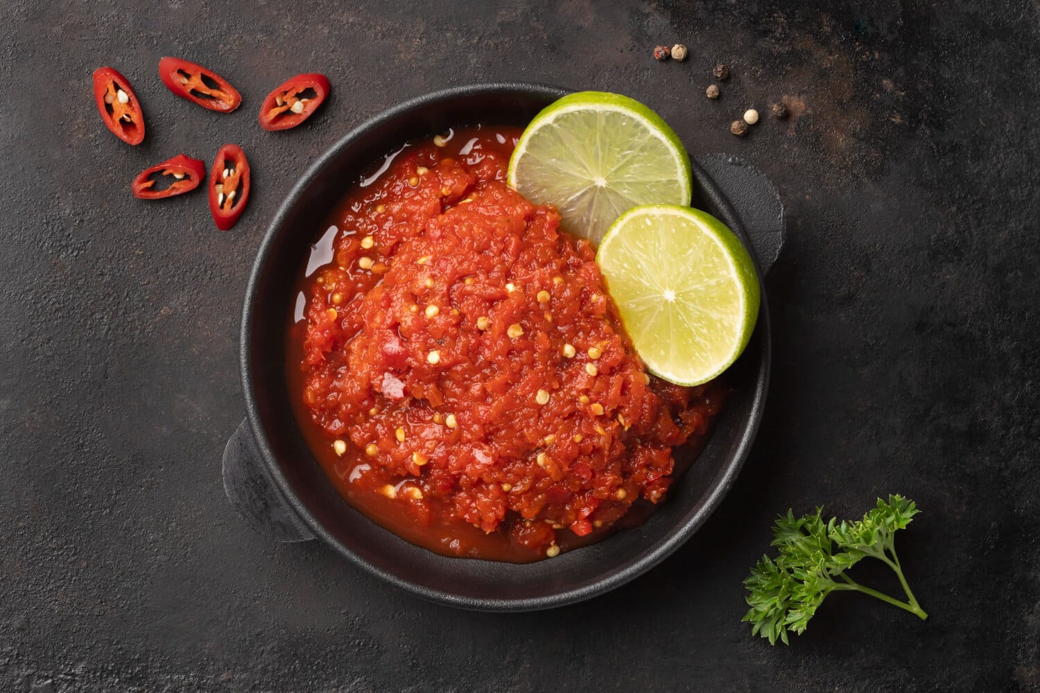 Which 25 Singapore Food Dishes Should You Try? 20 A top down view of a small black bowl filled with bright red chili sambal garnished with two lime slices