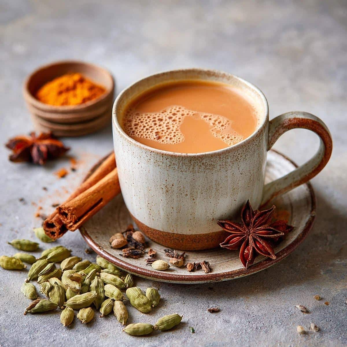 What Are The 12 Health Benefits of Tea Backed by Science? 1 Classic milk tea chai in a cup with spices like cardamom cinnamon and star anise