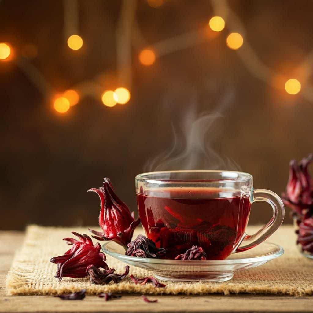 What Are The 12 Health Benefits of Tea Backed by Science? 7 Hibiscus tea in a glass cup with dried hibiscus flowers on a wooden surface