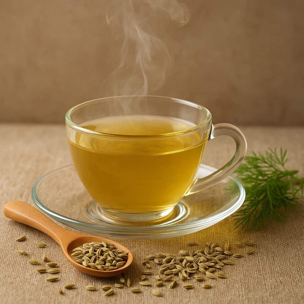Which Fennel Seeds Benefits Matter Most? 4 Fennel seeds tea in a glass cup with whole fennel seeds on a wooden spoon
