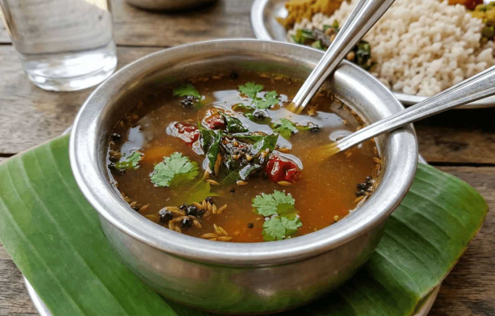 What Are the 15 Traditional Tamil New Year Dishes You Must Try? 5 Rasam spiced tamarind soup with coriander curry leaves and spices served in bowl on banana leaf with rice