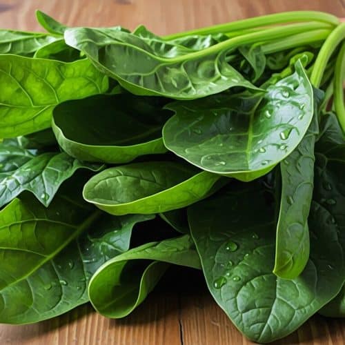What are the Top Spinach Benefits for Health? 35 Fresh spinach leaves with water droplets placed on a wooden surface