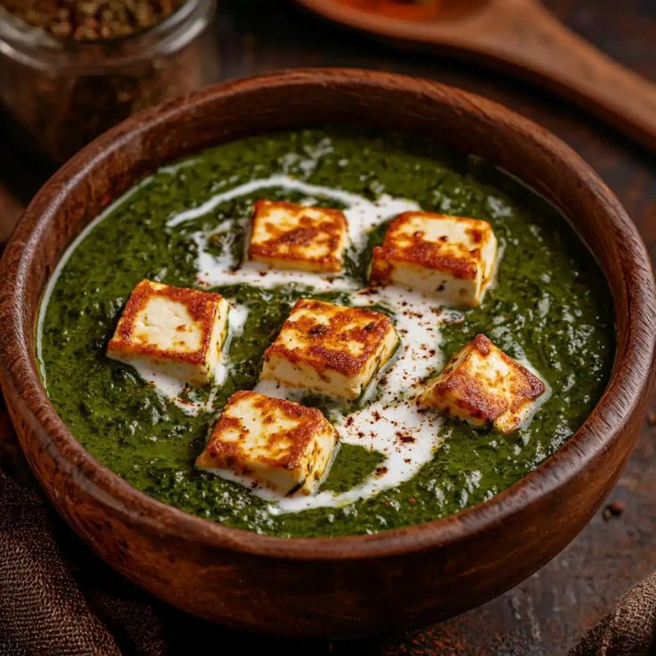What are the Top Spinach Benefits for Health? 1 Palak paneer made with fresh spinach gravy and soft paneer cubes served in a bowl