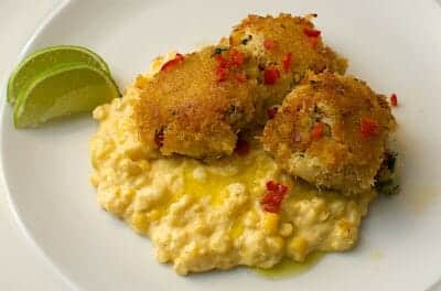 crab cakes corn puree