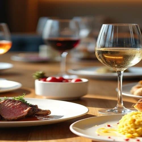 A vibrant modern dining table elegantly arranged with a variety of foods and drinks