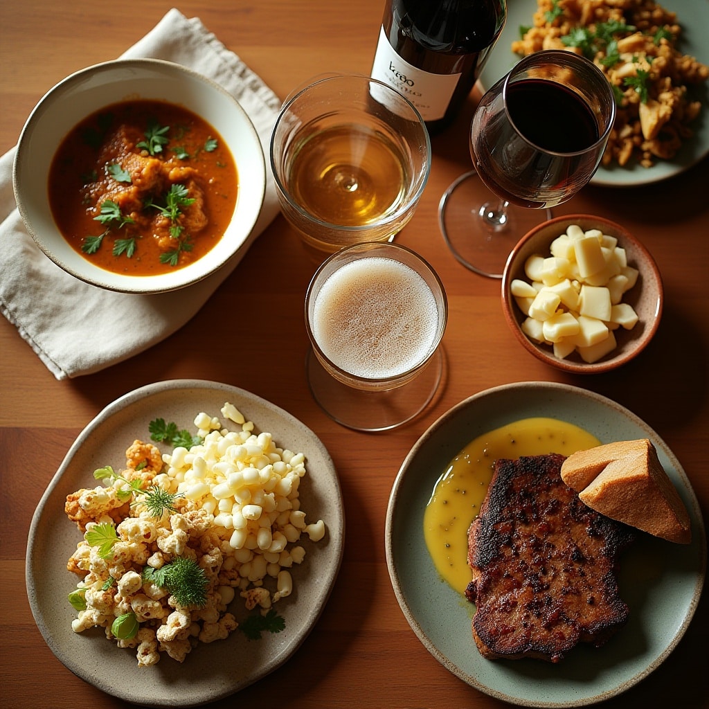 A visually appealing top down view of a dining table showing thoughtfully paired foods and drinks 