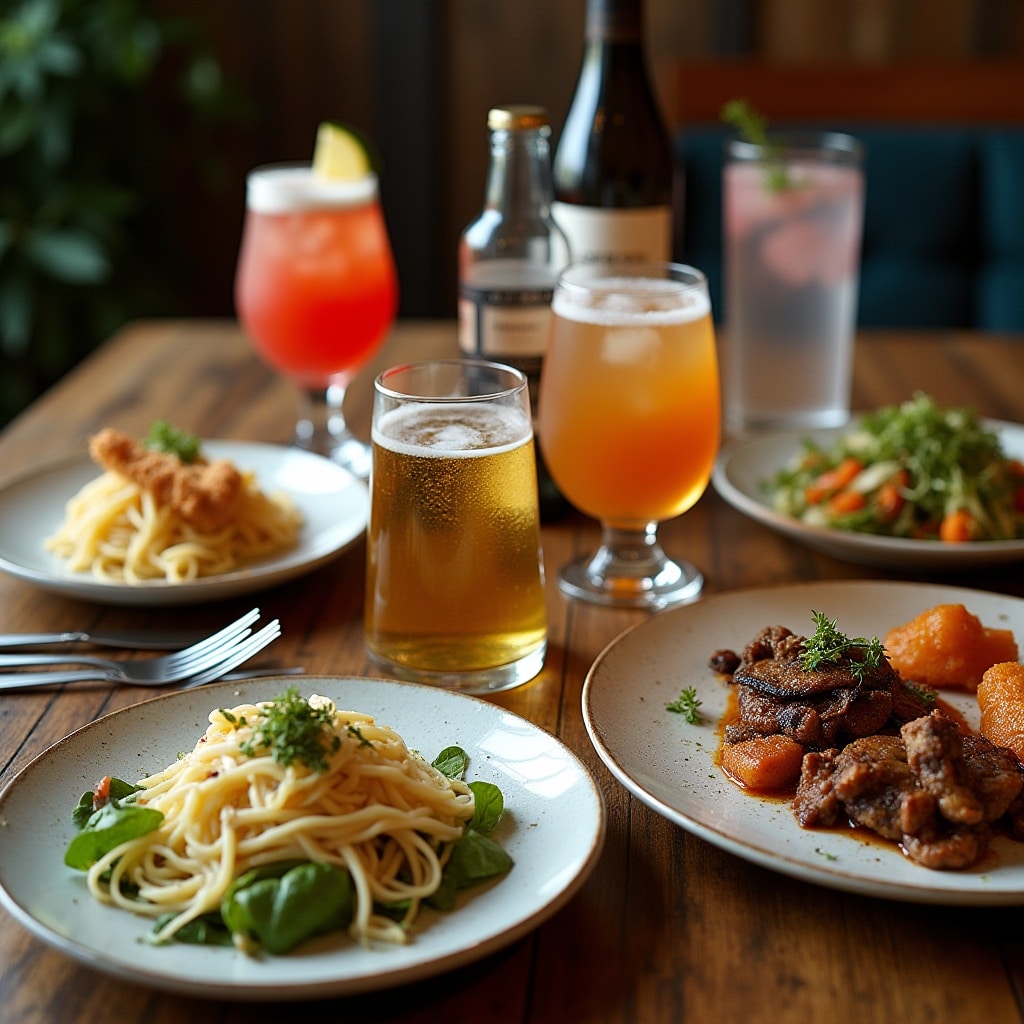 An elegantly arranged dining scene featuring a mix of food and drink pairings 