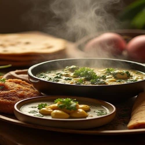 Which 22 Indian Winter Recipes are Worth Trying This Season? 19 A warm cozy winter food spread featuring steaming meals on a wooden table Soft golden lighting visible steam and scattered winter vegetables create a comforting seasonal feel