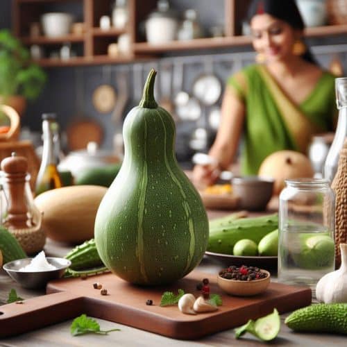 A bottle gourd lying on a wooden surface