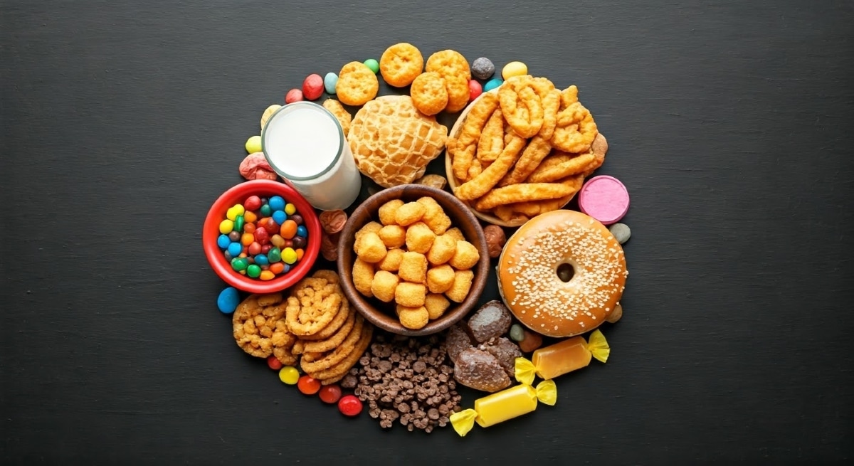A variety of sugary and processed snacks