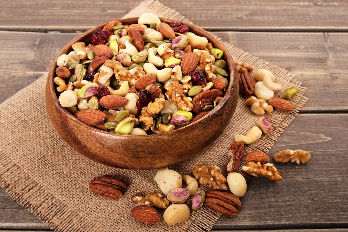 Nuts in a wooden bowl