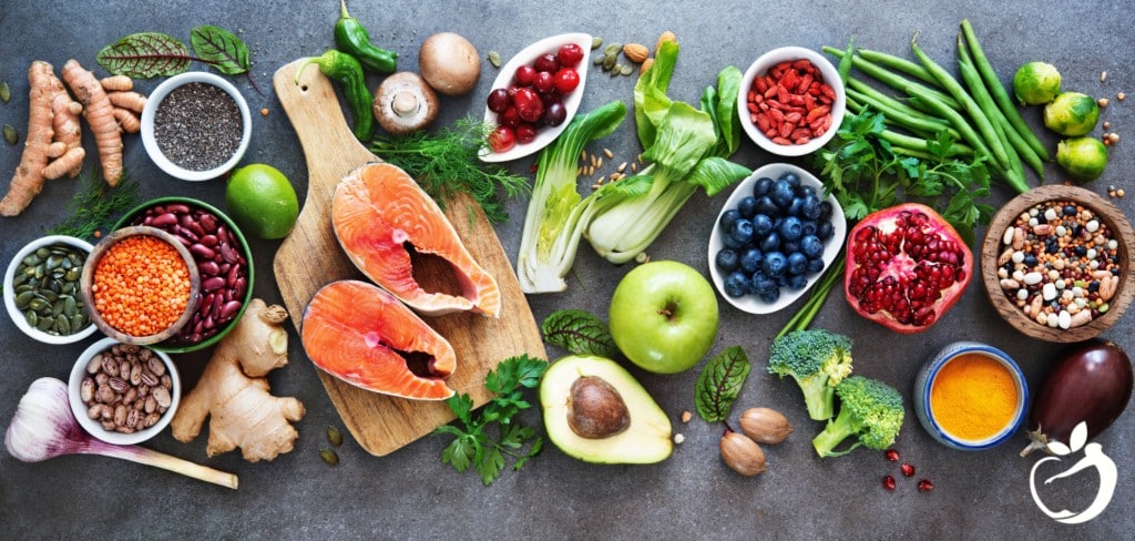 A variety of nutrient rich food items displayed