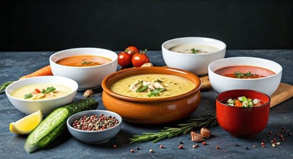 Assorted soups on a table