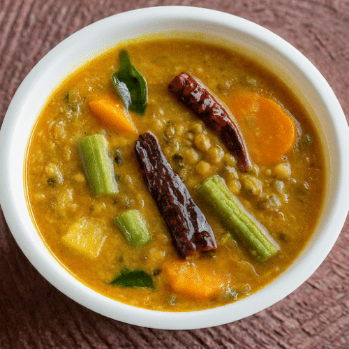 Tangy Udupi Sambar a lentil stew with vegetables and aromatic spices