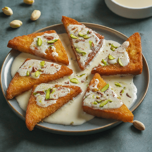 Bread fried in ghee or butter then soaked in a sweet milk syrup