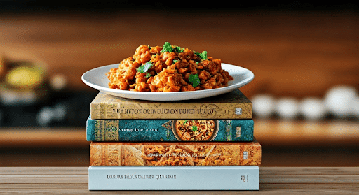 Stack of cookbooks in a kitchen setting
