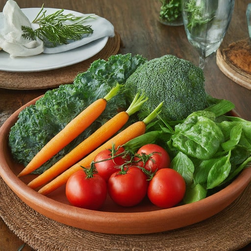 A rustic terracotta tray filled with fresh and vibrant vegetables, including carrots, tomatoes, broccoli, spinach, and kale.