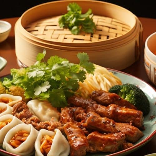What Are 15 Chinese New Year Food Dishes You Must Try? 18 Traditional Chinese New Year food spread featuring dumplings glazed meat vegetables rice and steamed baskets arranged on a festive dining table