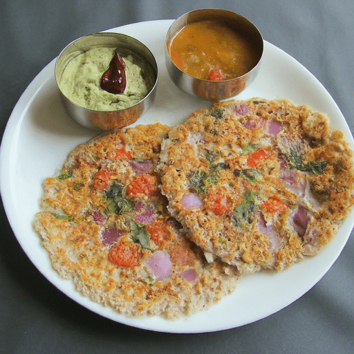A thick and fluffy pancake made with fermented oats batter topped with vegetables and spices